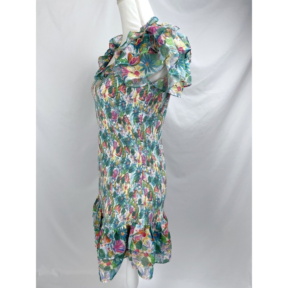 ASTR The Label XL Green Pink Blue Floral Smocked Sleeveless Dress Flutter Sleeve - Picture 5 of 12